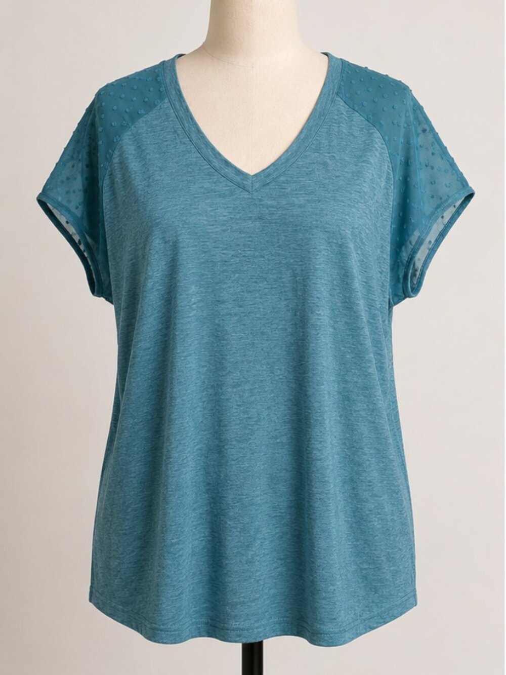 Teal V-Neck Swiss Dot Sleeve Tee | XL | Lightweight Casual Top